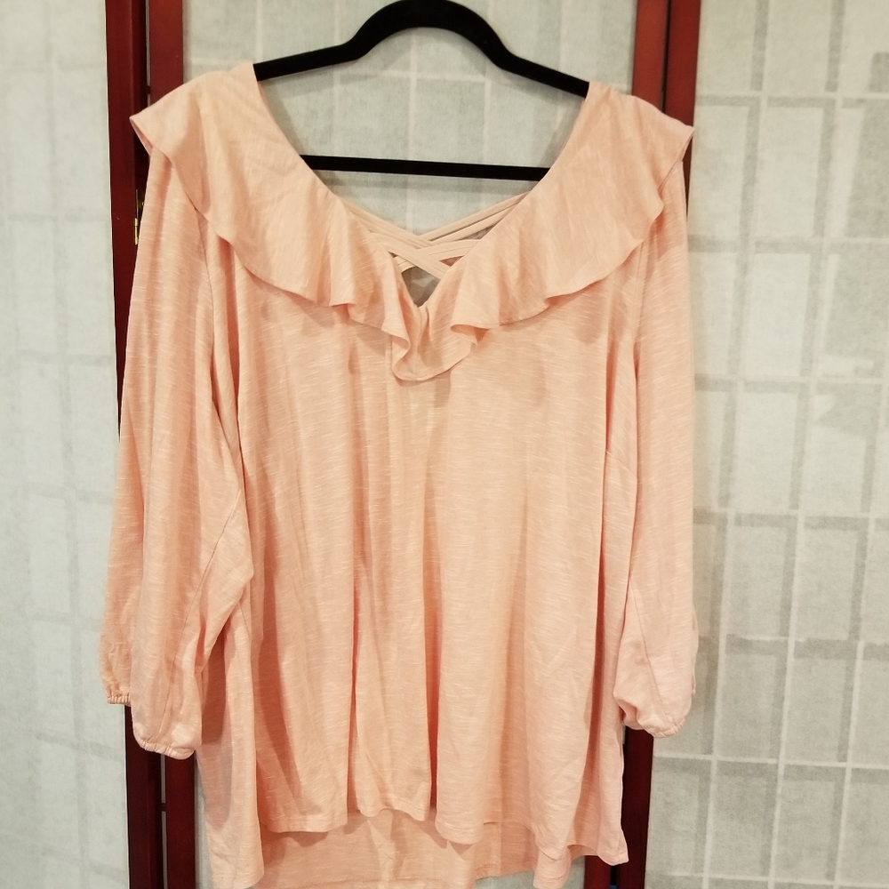 Peach Slub Knit Top with Ruffled Vneck and Criss-Cross Strap Detail Size 2X